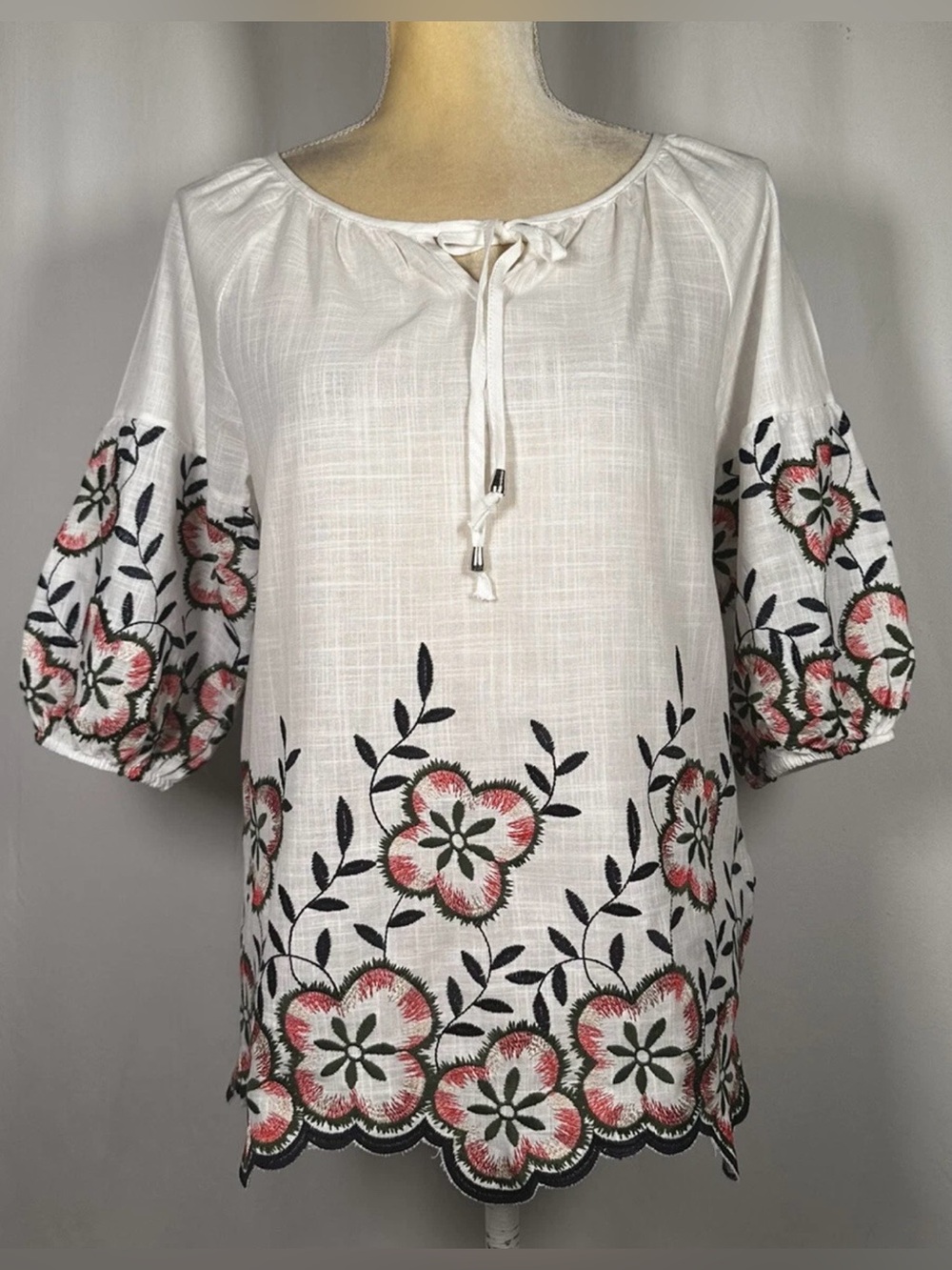 Anthropologie Kindred White Embroidered Peasant Blouse with Pink Floral Accents